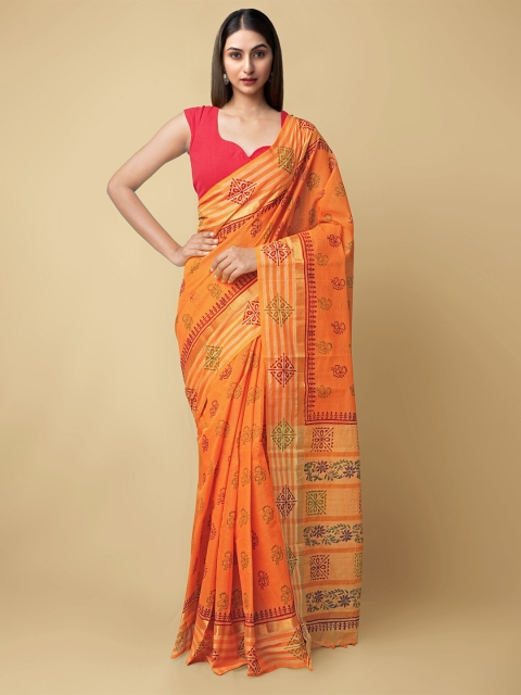 

Unnati Silks Orange & Black Floral Zari Pure Cotton Mangalagiri Handloom Saree