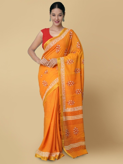 

Unnati Silks Orange & White Hand Block Printed Zari Pure Cotton Sustainable Dabu Saree