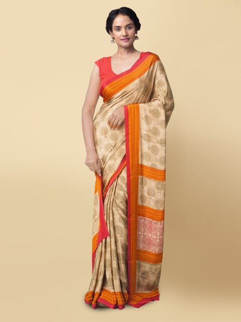 

Unnati Silks Beige & Orange Floral Handloom Baluchari Saree