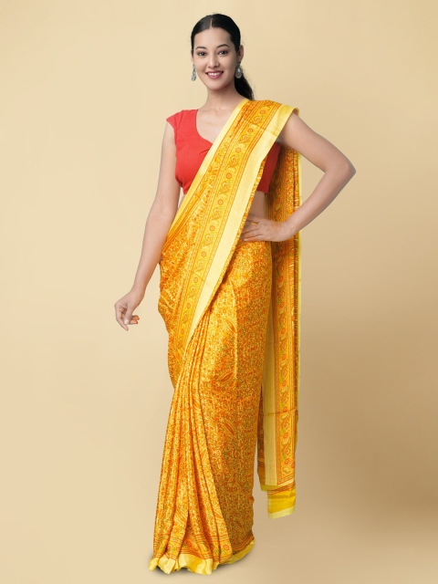 

Unnati Silks Yellow & Gold-Coloured Floral Block Printed Baluchari Saree