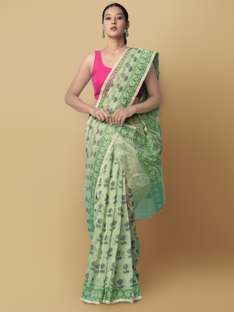 

Unnati Silks Green & Pink Floral Hand Block Printed Handloom Supernet Patola Saree