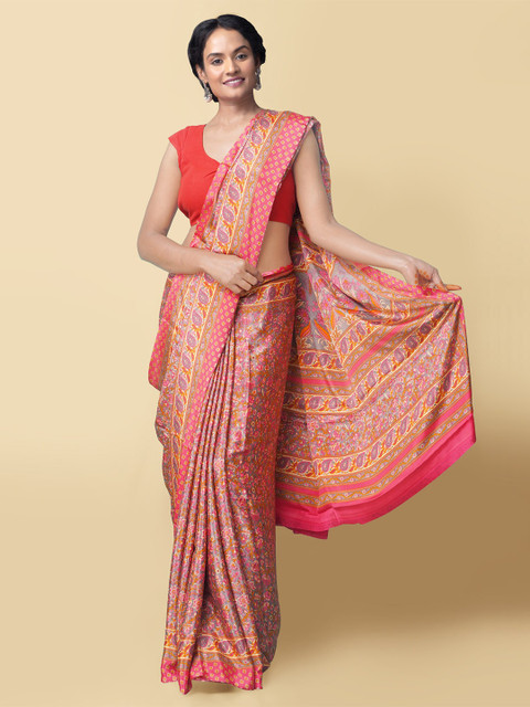 

Unnati Silks Grey & Red Ethnic Motifs Baluchari Sustainable Saree