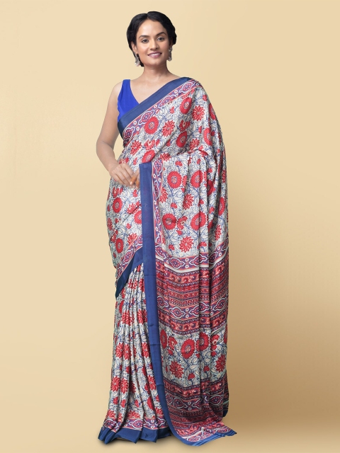 

Unnati Silks Blue & Red Ethnic Motifs Printed Baluchari Saree