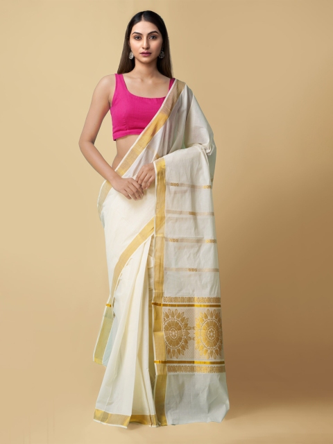 

Unnati Silks Women White & Gold Pure Cotton Woven Designed Kerala Kasavu Saree, Cream
