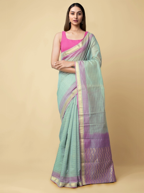 

Unnati Silks Green & Purple Striped Zari Art Silk Baluchari Handloom Saree