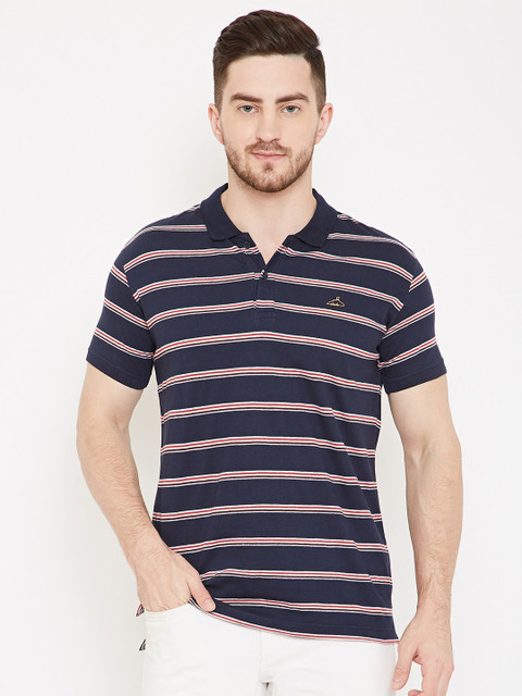 

Duke Men Navy Blue & Red Striped Polo Collar Slim Fit T-shirt