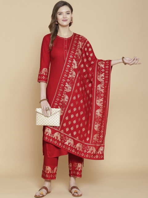 

GoSriKi Women Red Ethnic Motifs Printed Kurta with Trousers & With Dupatta