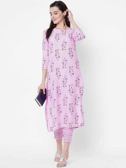 

GoSriKi Women Pink Floral Printed Kurta with Trousers