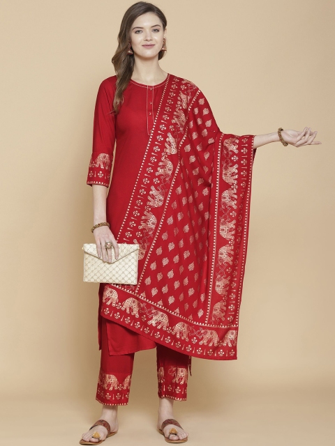 

KALINI Women Red Panelled Kurta with Trousers & With Dupatta