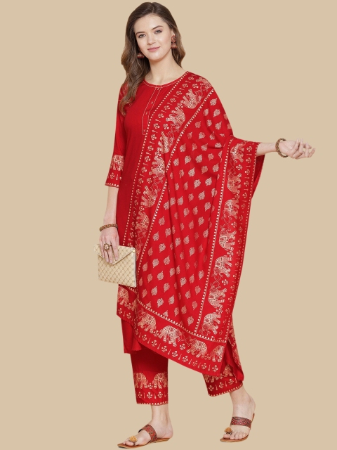 

GoSriKi Women Red Panelled Kurta with Trousers & With Dupatta
