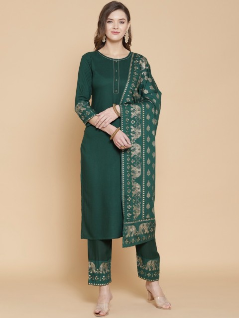 

GoSriKi Women Green Panelled Kurta with Trousers & With Dupatta
