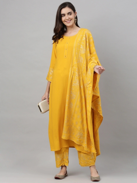 

GoSriKi Women Yellow Yellow Cotton Solid Kurta with Palazzo & Dupatta