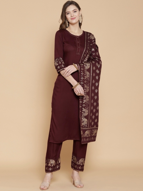 

GoSriKi Women Maroon Ethnic Motifs Printed Panelled Kurti with Salwar & With Dupatta