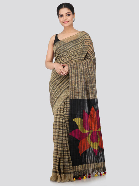 

PinkLoom Women Multicoloured Cotton Silk Striped & Floral Printed Sustainable Saree, Multi