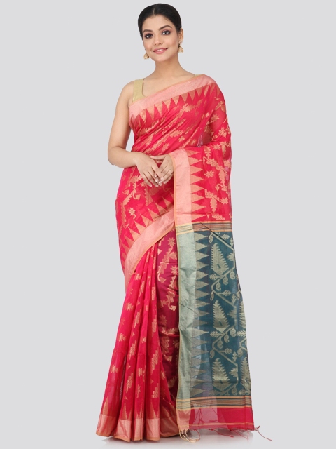 

PinkLoom Pink & Green Woven Design Handloom Sustainable Saree