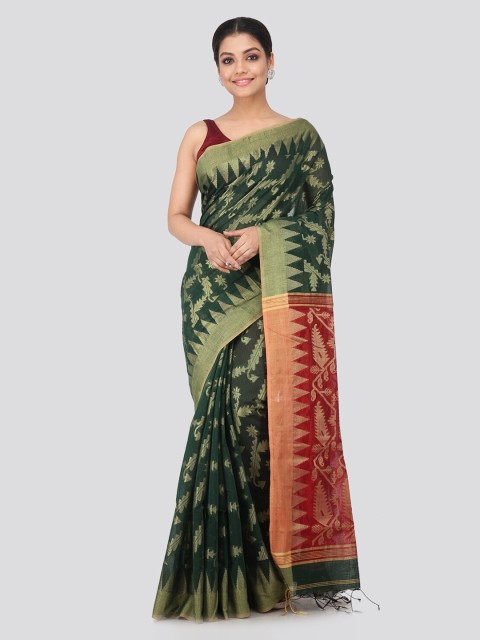 

PinkLoom Green & Maroon Woven Design Handloom Sustainable Saree