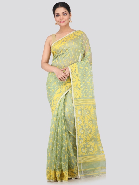 

PinkLoom Sea Green & Yellow Floral Pure Cotton Jamdani Sustainable Saree