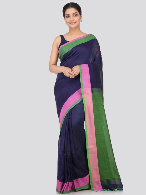

PinkLoom Navy Blue & Green Colourblocked Linen Blend Handloom Saree