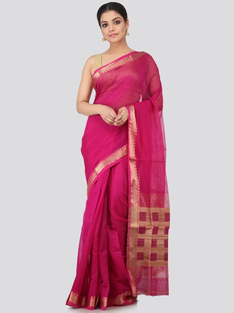 

PinkLoom Pink & Gold Checked Pallu Design Zari Pure Handloom Chanderi Sustainable Saree