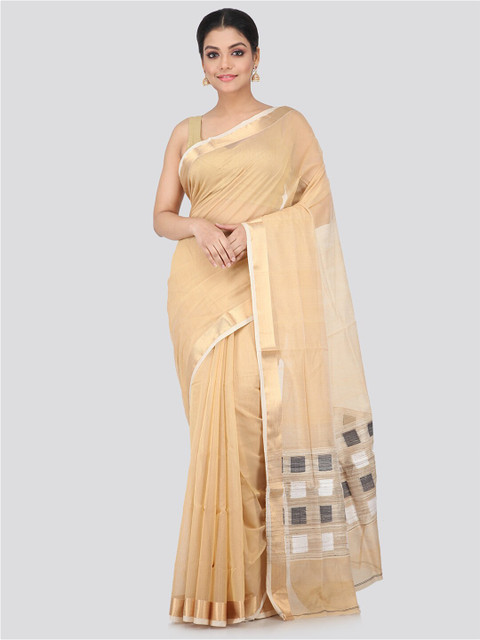 

PinkLoom Beige Silk Cotton Handloom Chanderi Saree