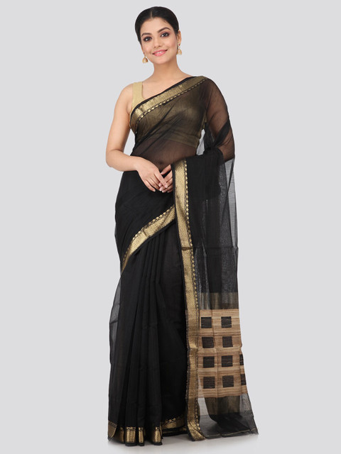 

PinkLoom Women Black & Gold Cotton Silk Solid Saree