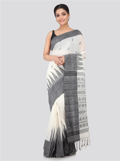 

PinkLoom Women White & Grey Pure Cotton Geometric Woven Designed Sustainable Saree