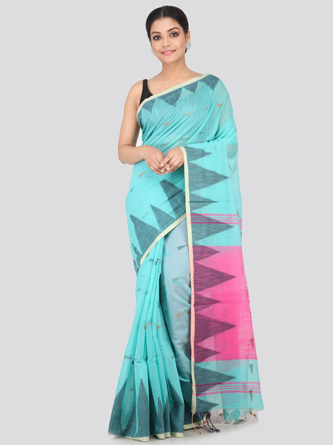 

PinkLoom Turquoise Blue & Pink Pure Cotton Handloom Saree