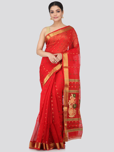 

PinkLoom Red & Gold Pure Handloom Ethnic Motifs Woven Design Zari Sustainable Saree