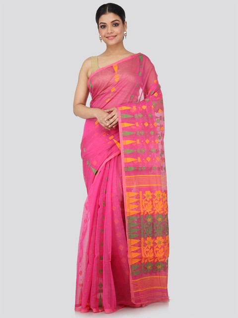 

PinkLoom Pink & Yellow Ethnic Motifs Silk Cotton Jamdani Sustainable Saree