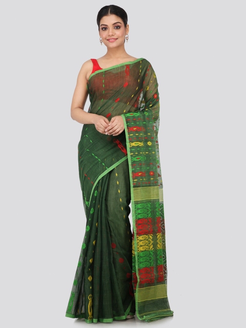 

PinkLoom Green & Red Ethnic Motifs Woven Design Silk Cotton Jamdani Saree