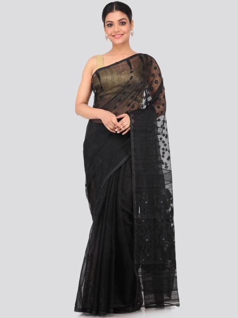 

PinkLoom Black Ethnic Motifs Silk Cotton Jamdani Sustainable Saree
