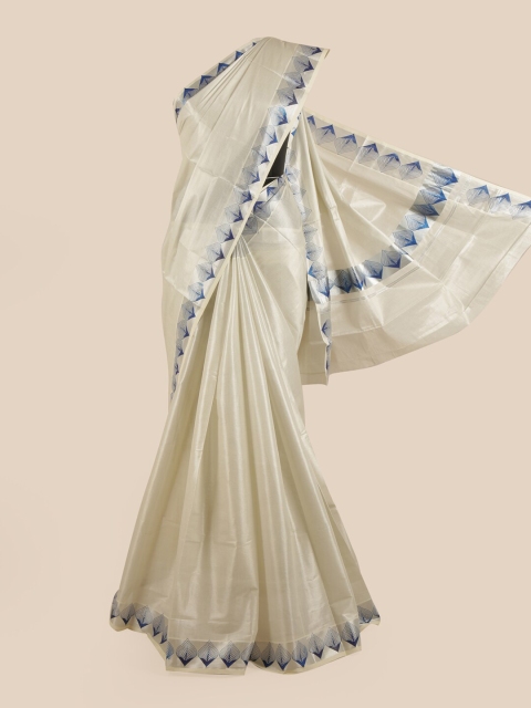 

Pothys Silver-Toned & Blue Pure Cotton Kasavu Saree