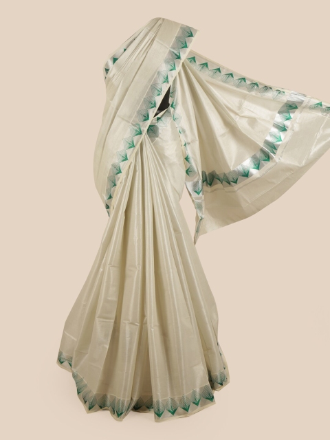 

Pothys Silver-Toned & Green Pure Cotton Kasavu Saree