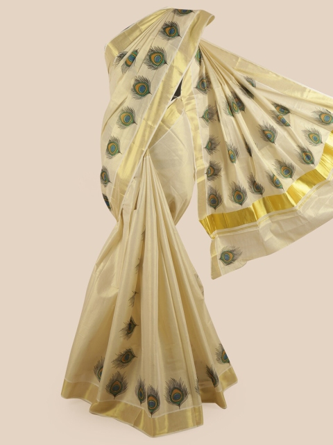 

Pothys Women Gold-Toned & Green Pure Cotton Printed Kasavu Saree
