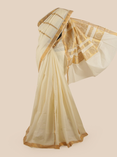 

Pothys Off White & Gold-Coloured Zari Pure Cotton Kasavu Saree