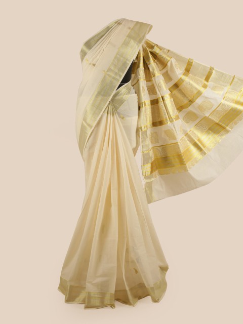 

Pothys Off White & Gold-Coloured Ethnic Motifs Zari Woven Design Pure Cotton Kasavu Saree