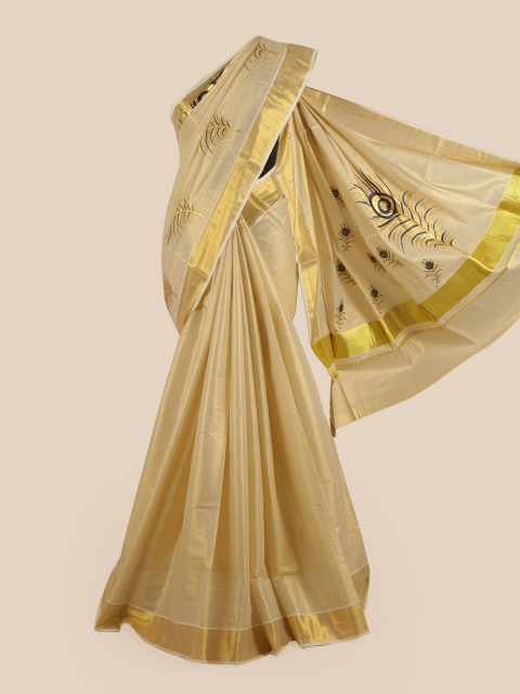 

Pothys Women Gold-Toned & Blue Pure Cotton Embroidered Kasavu Saree