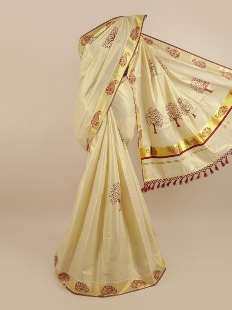 

Pothys Gold-Toned & Maroon Ethnic Motifs Zari Pure Cotton Kasavu Saree