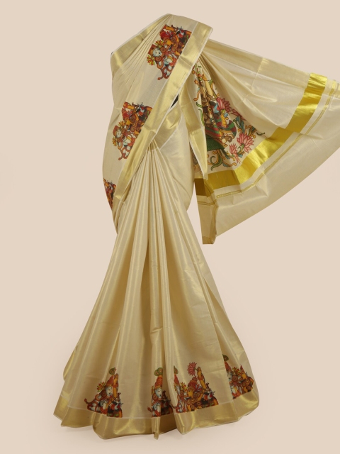 

Pothys Gold-Coloured Ethnic Motifs Printed Zari Pure Cotton Kasavu Saree