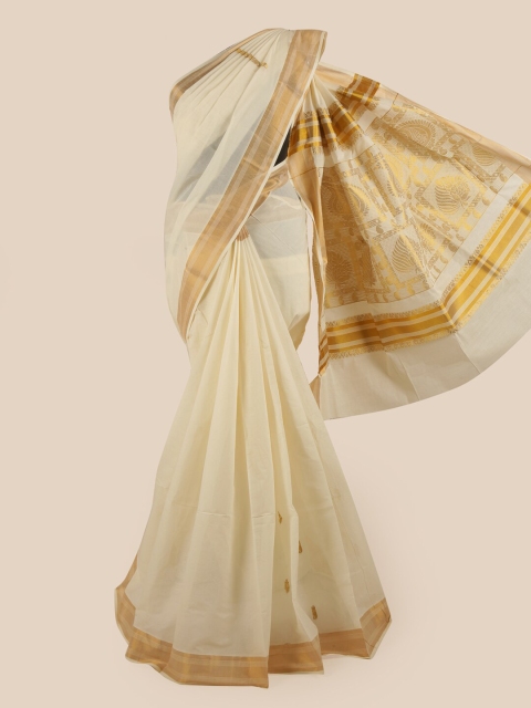 

Pothys Off White & Gold Ethnic Motifs Zari Pure Cotton Kasavu Saree