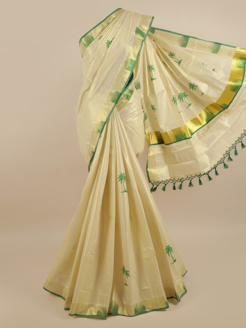 

Pothys Gold-Toned & Green Floral Pure Cotton Kasavu Saree