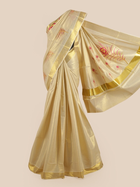 

Pothys Gold-Coloured Floral Zari Pure Cotton Kasavu Saree