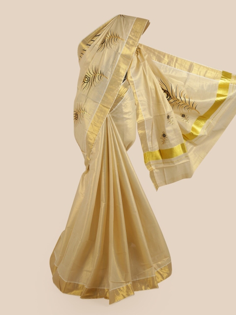 

Pothys Gold-Coloured Ethnic Motifs Embroidered Pure Cotton Kasavu Saree