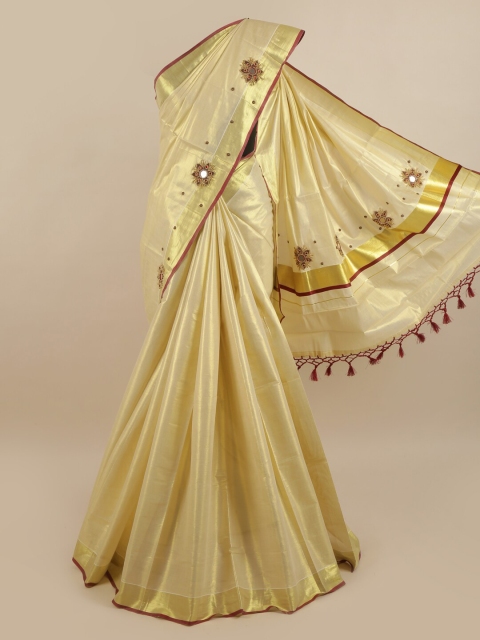 

Pothys Gold & Brown Ethnic Motifs Mirror Work Pure Cotton Kasavu Saree