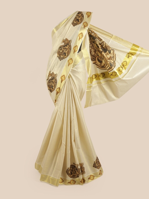 

Pothys Women Gold-Toned Pure Cotton Printed Kasavu Saree