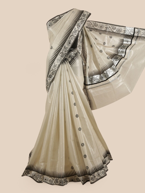 

Pothys Silver-Coloured & Green Floral Zari Pure Cotton Kasavu Saree