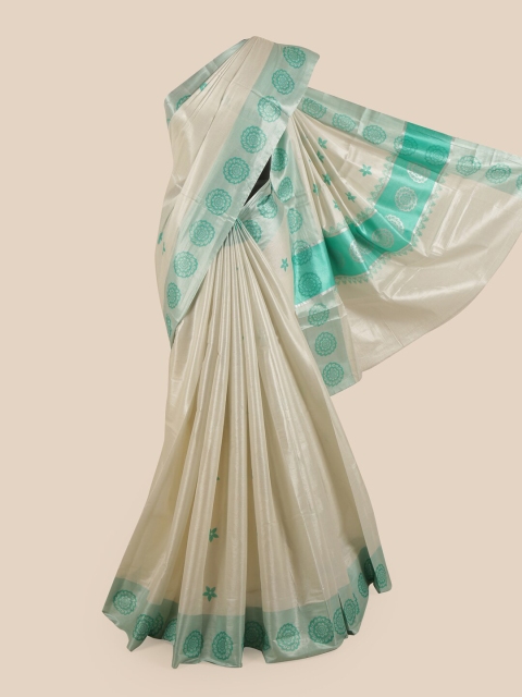 

Pothys Silver-Coloured & Green Floral Printed Pure Cotton Kasavu Saree