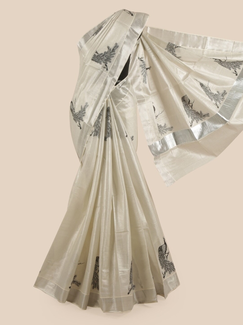 

Pothys Silver & Black Ethnic Motifs Zari Pure Cotton Kasavu Saree