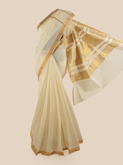 

Pothys Women Gold-Toned Pure Cotton Woven Designed Kasavu Saree, Off white