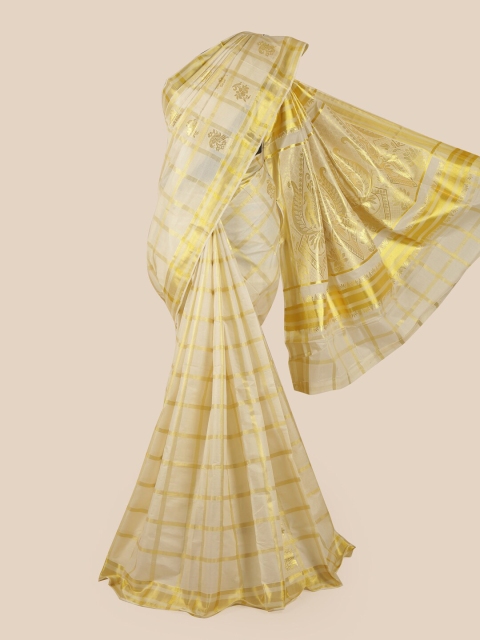 

Pothys Off White & Gold-Coloured Ethnic Motifs Zari Pure Cotton Kasavu Saree